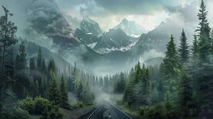Abwaschbare Fototapete Straße im Wald Enchanting mountainous road through misty coniferous forest