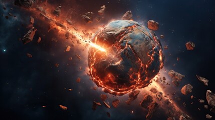 An asteroid hitting the earth causing a huge explosion. - obrazy, fototapety, plakaty