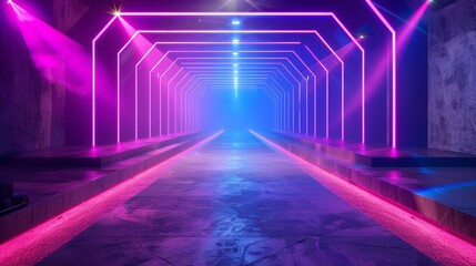 Alien Neon Laser Futurism Sci Fi Modern Concrete Catwalk Club Night 3D Rendering Illustration Purple Blue Pantone Arrows Podium Stage Dance Fashion Fashion Concrete Laser Lights