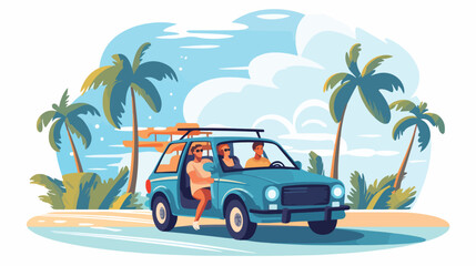 Two people family couple on vacation car road trip.
