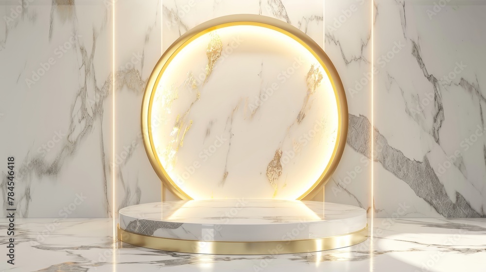 Poster this beautiful podium backdrop was created for product display on a minimalist gold, marble, and whi