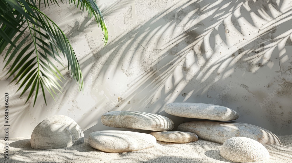 Fototapete backdrop with stone texture and tropical palm tree leaves shadow for cosmetic product display. 3d re