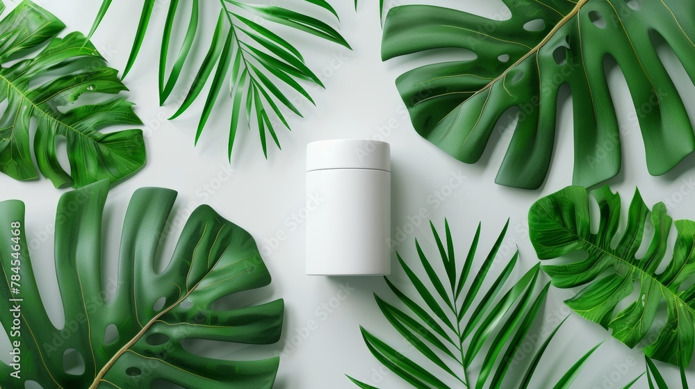 Aufkleber an empty white box on a tropical palm leaf-filled summer scene for displaying cosmetics. a flat lay.