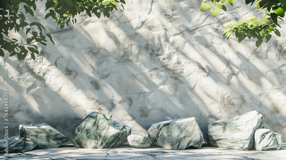 Poster decorative beauty poduim backdrop with tree leaves and stone texture for cosmetic product displays. 