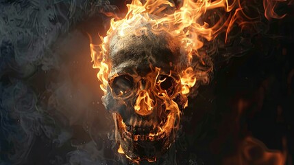 Flaming skull in darkness with fiery glow