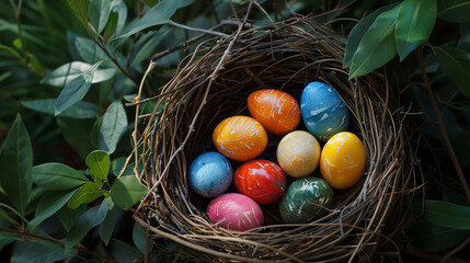 Ovos coloridos num ninho de passarinho. alusão à Páscoa