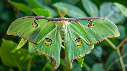 Vibrant green moth with intricate wing patterns on a leaf