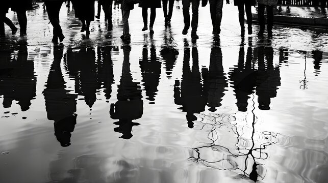 Silhouettes and reflections of people on a wet surface