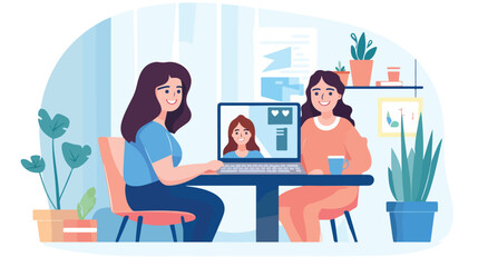 Fototapeta na wymiar Two women video chatting via computer. Monitor frie