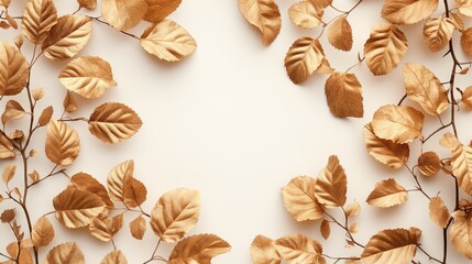 Frame made of golden leaves as advertising showcase display for goods on white background