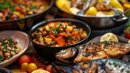 Foto auf Acrylglas Gourmet seafood feast with grilled fish and fresh vegetables © volga