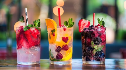 Colorful summer fruit cocktails on outdoor table - obrazy, fototapety, plakaty