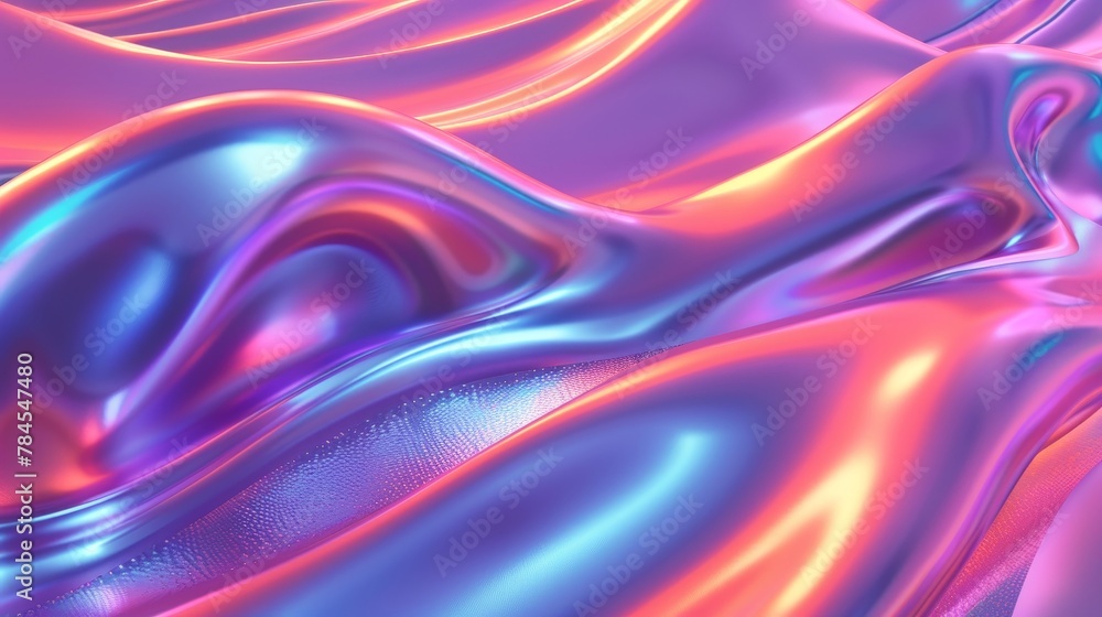 Poster the background is an abstract 3d art with curves and holographic colors.