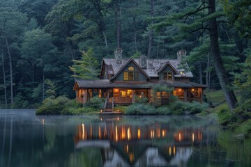 Obraz premium House on lake surrounded by trees