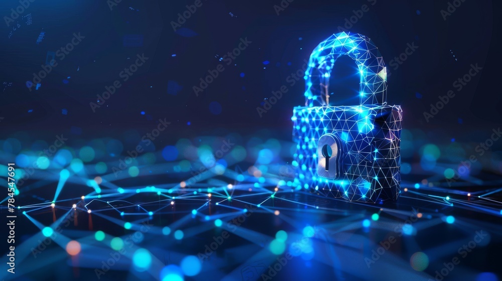Poster a low polygonal future innovation technology network business concept with a cyber safety lock on da