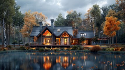 Obraz premium House overlooking lake by forest