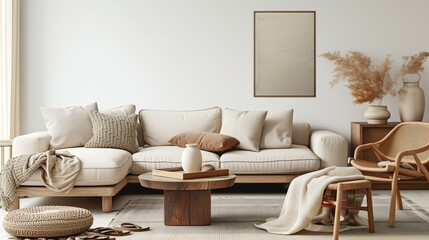 Elegant composition of living room interior with mock up poster frame, beige modular sofa, wooden coffee table