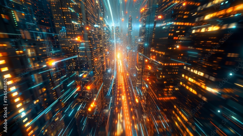 Poster The rendering shows a warp speed over a city at night with blurred buildings' lights. It features a concept of next-generation technology, fintech, big data, 5G fast networks, and machine learning.