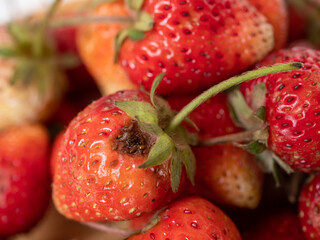Red ripe strawberries background. Close up, top view.