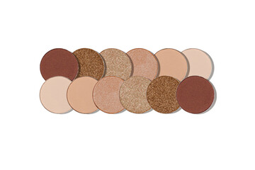 Set of eye shadow swatches, beige brown color gradient isolated on white background. Round eyeshadows, skin tone powder for makeup, cosmetics design minimal style, top view beauty product