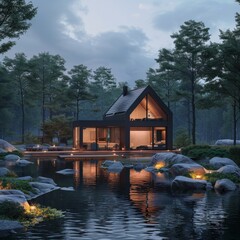 Obraz premium House illuminated by pond at night