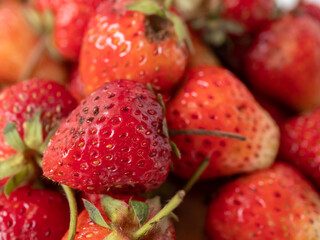 Red ripe strawberries background. Close up, top view.