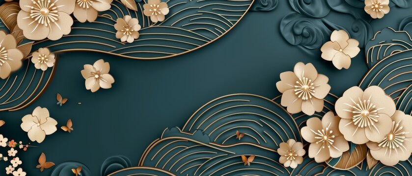 Background modern with Japanese symbols and icons. Oriental poster design with flower shape objects. Abstract pattern with flower shape objects.