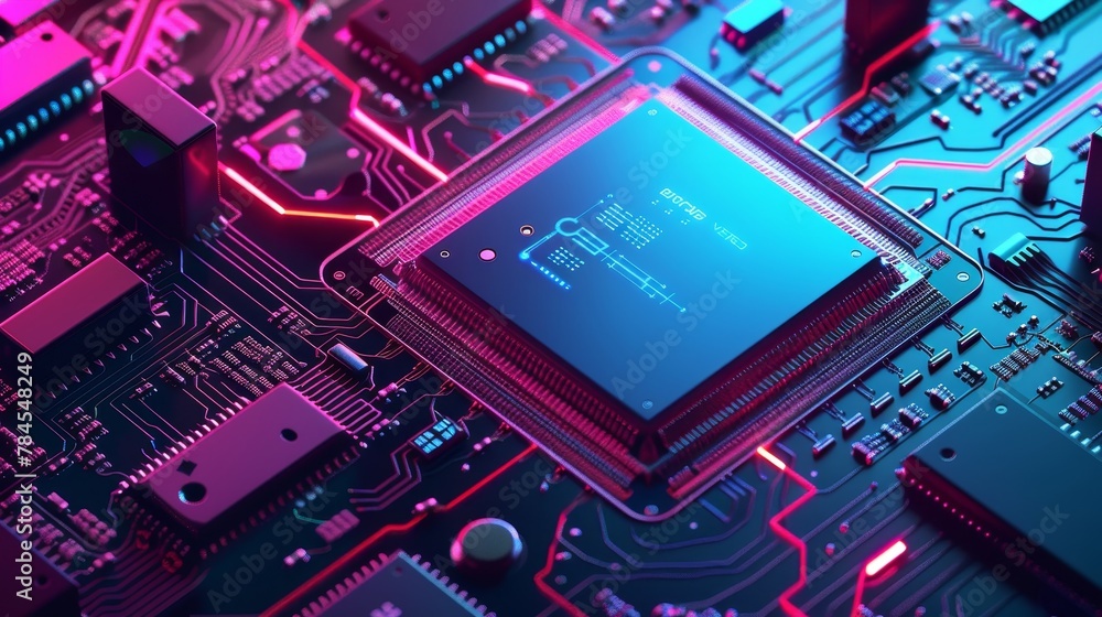 Poster Digital chip computer processors on circuit boards and motherboards. Technology development of microchips or microprocessors and hardware engineering. Artificial intelligence.