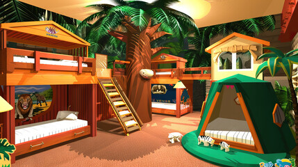 Jungle Safari: Safari-themed 3D Home with Treehouse Bunk Beds, Animal Wall Decals, and Safari Tent Play Area