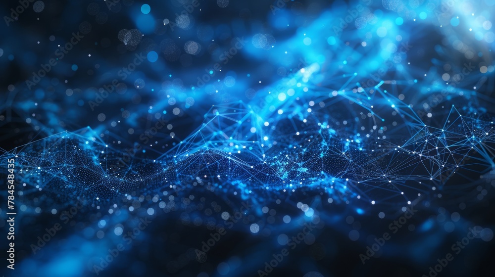 Poster A blue polygon tech network with connect technology for the background. A dot and line texture background for the background. A 3D rendering of...