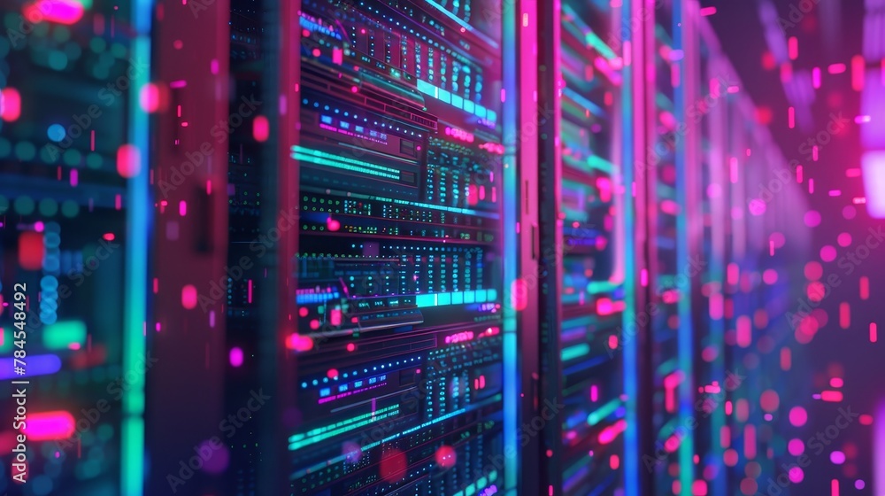 Poster Cloud computing, big data analysis, and storage and protection of digital information on the internet. Server racks in data centers compute statistics and social media data.