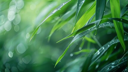 A closeup of transparent bamboo Leaf with light, green, dews,edges, against a clean blury green garden background