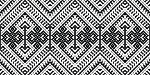 Pixel Cross Stitch Traditional Ethnic Pattern Paisley Flower Ikat Background Abstract Aztec African Indonesian Indian Seamless Pattern for Fabric Print Cloth Dress Carpet Curtains and Sarong