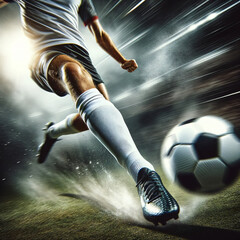 Soccer player in action kicks the ball, in the stadium. Generative Ai