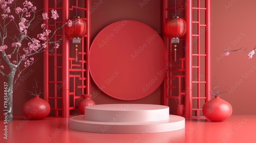 Poster 3d render of chinese background with podium for product display.