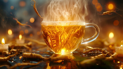 cup of tea in a glass cup with ginseng roots flying above the tea, herbal or apoptogenic tea for health boost and stress relief futuristic style - obrazy, fototapety, plakaty