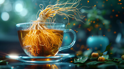cup of tea in a glass cup with ginseng roots flying above the tea, herbal or apoptogenic tea for health boost and stress relief futuristic style - obrazy, fototapety, plakaty
