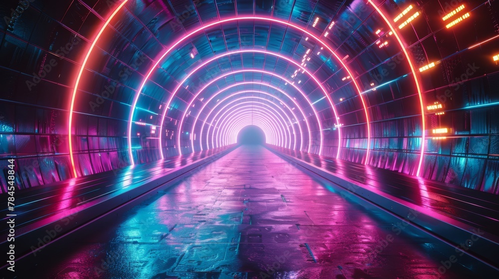 Poster In the distance is an abstract futuristic technology tunnel illuminated with neon lights. This is a 3D rendering of the futuristic technology tunnel.