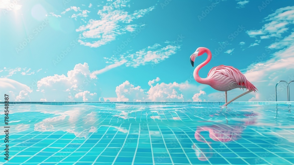 Poster summer beach scene with pink flamingo in swimming pool background. 3d render.