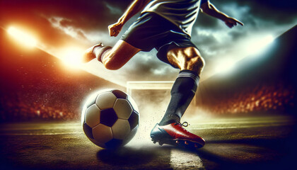 Soccer player in action kicks the ball, in the stadium. Generative Ai