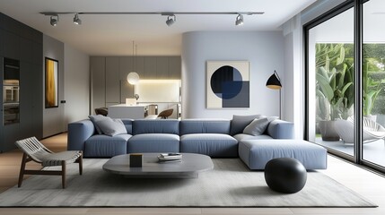 Fancy grey lamp in blue spacious trendy living room