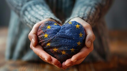 A pair of hands holding a heart-shaped object wrapped in the European Union flag, Europe Day - obrazy, fototapety, plakaty