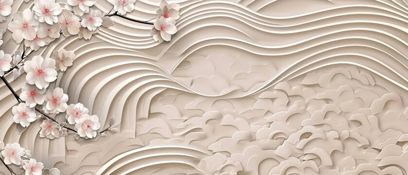 Modern background with geometric pattern. Vintage art decoration featuring wave and cherry blossom flower icon.