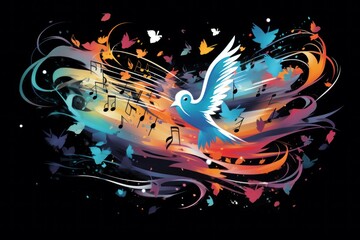 Flying musical notes and birds on a dark background, colorful bright illustration.  - obrazy, fototapety, plakaty