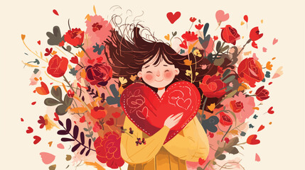 Obraz na płótnie Canvas Valentines Girl and Roses Watercolor Clipart 2d flat