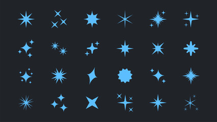 Fototapeta na wymiar Retro futuristic bright vector blue icons collection. Set of original star sparkle shapes. Abstract shine effect vector sign. Glowing light effect, twinkle templates stars and bursts, shiny flash.