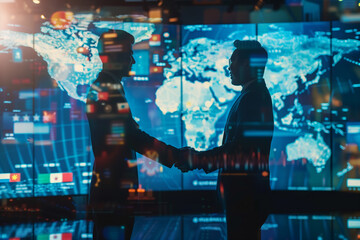 Silhouetted figures against an illuminated backdrop of a world map in a high-tech environment, symbolizing a strategic global partnership and international relations