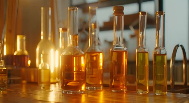 Assorted Test Tube Bottles Displayed on Table, 4k video
