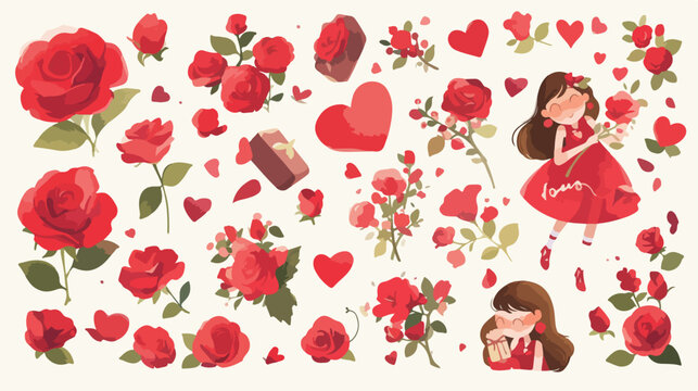 Valentines Girl and Roses Watercolor Clipart 2d flat