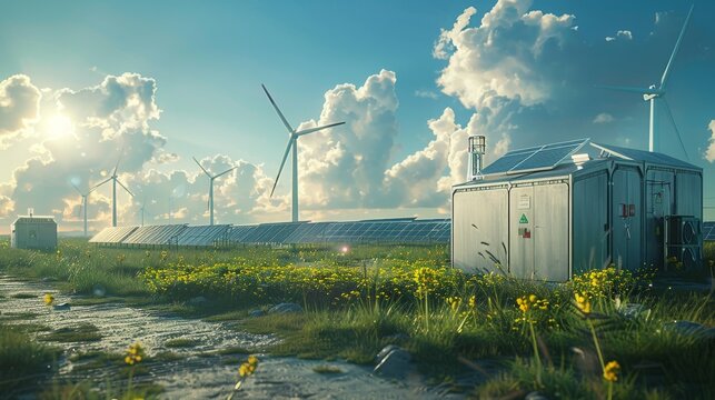Solar power plant and wind turbine park surrounded by a modern hydrogen energy storage system in a sunny summer afternoon light. 3D rendering.